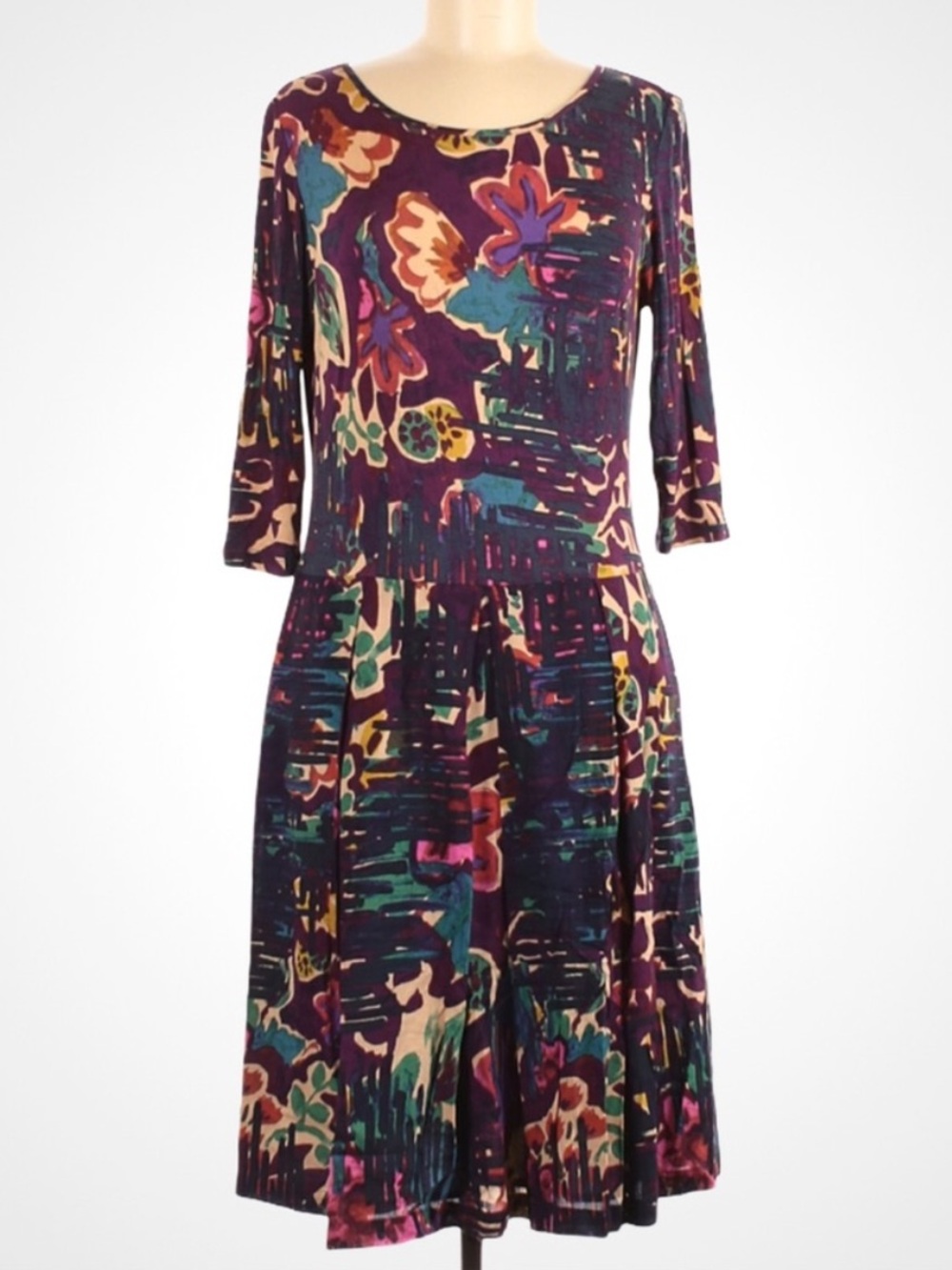 Peruvian Connection Abstract Floral Drop Waist Midi Dress 3/4 Sleeve M